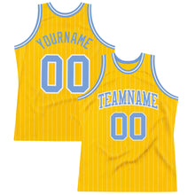 Laden Sie das Bild in den Galerie-Viewer, Custom Gold White Pinstripe Light Blue Authentic Basketball Jersey
