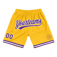 Laden Sie das Bild in den Galerie-Viewer, Custom Gold Purple-White Authentic Throwback Basketball Shorts
