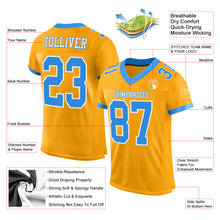 Load image into Gallery viewer, Custom Gold Electric Blue-White Mesh Authentic Football Jersey
