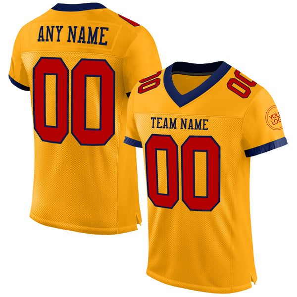 Cheap Custom Gold Red Navy Mesh Authentic Football Jersey Free