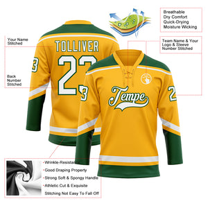 Custom Gold White-Green Hockey Lace Neck Jersey