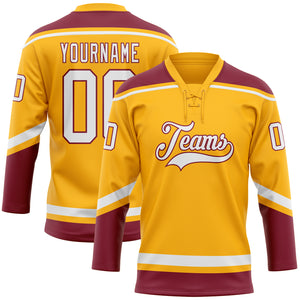 Custom Gold White-Crimson Hockey Lace Neck Jersey