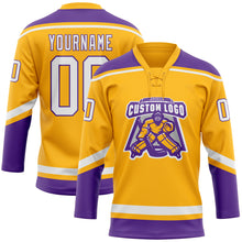 Laden Sie das Bild in den Galerie-Viewer, Custom Gold White-Purple Hockey Lace Neck Jersey
