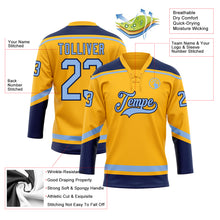 Load image into Gallery viewer, Custom Gold Light Blue-Navy Hockey Lace Neck Jersey
