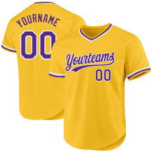 Laden Sie das Bild in den Galerie-Viewer, Custom Gold Purple-White Authentic Throwback Baseball Jersey
