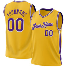 Laden Sie das Bild in den Galerie-Viewer, Custom Gold Purple-White Authentic Throwback Basketball Jersey
