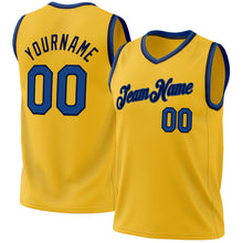 Load image into Gallery viewer, Custom Gold Blue-Navy Authentic Throwback Basketball Jersey
