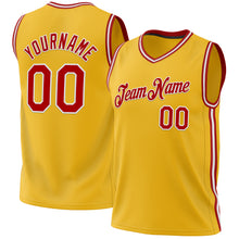 Load image into Gallery viewer, Custom Gold Red-White Authentic Throwback Basketball Jersey
