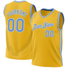 Load image into Gallery viewer, Custom Gold Light Blue-White Authentic Throwback Basketball Jersey
