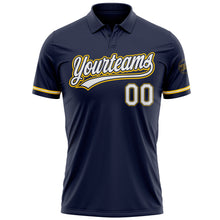 Laden Sie das Bild in den Galerie-Viewer, Custom Navy White-Yellow Performance Vapor Golf Polo Shirt
