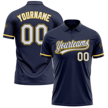 Laden Sie das Bild in den Galerie-Viewer, Custom Navy White-Yellow Performance Vapor Golf Polo Shirt
