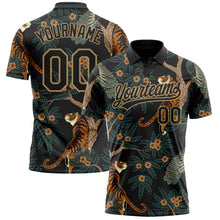 Load image into Gallery viewer, Custom Black Black-Old Gold 3D Pattern Design Tiger And Peacock Performance Vapor Golf Polo Shirt
