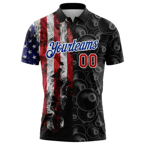 Custom Black Red-Royal 3D Pattern Design Billiards Snooker 8 Ball American Flag Performance Golf Polo Shirt