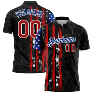 Custom Black Red-Royal 3D Pattern Design Bowling Ball American Flag Performance Golf Polo Shirt