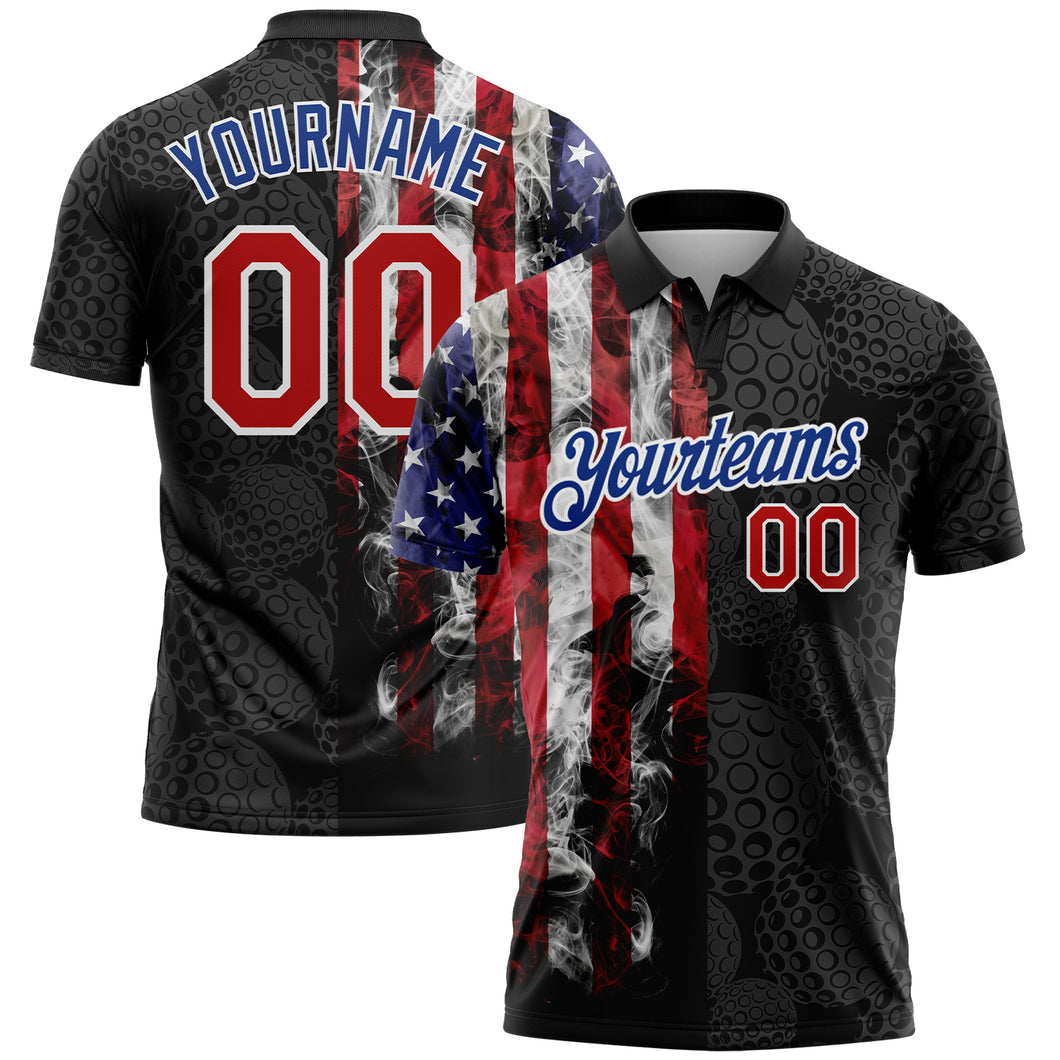 Custom Black Red-Royal 3D Pattern Design Golf Ball American Flag Performance Golf Polo Shirt