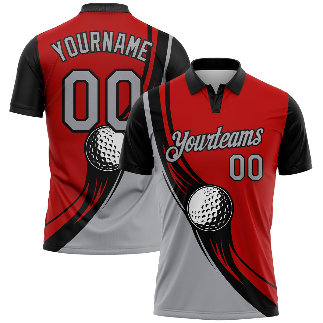 Custom Red Light Gray-Black 3D Pattern Design Golf Ball Performance Golf Polo Shirt