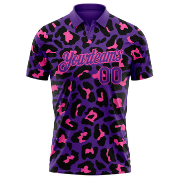 Custom Purple Pink 3D Pattern Design Leopard Print Performance Golf Polo Shirt
