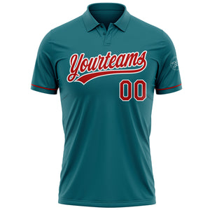 Custom Teal Red-White Performance Vapor Golf Polo Shirt