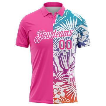 Custom Pink White 3D Pattern Design Tropical Palm Leaves Performance Golf Polo Shirt