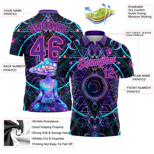 Custom Black Pink-Purple 3D Pattern Design Magic Mushrooms Over Sacred Geometry Psychedelic Hallucination Performance Golf Polo Shirt