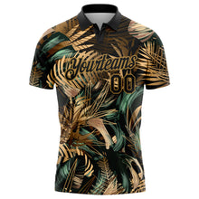 Load image into Gallery viewer, Custom Black Old Gold 3D Pattern Design Golden And Green Tropical Leaves In The Style Of Jungalow And Hawaii Performance Golf Polo Shirt
