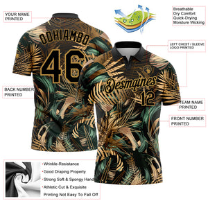 Custom Black Old Gold 3D Pattern Design Golden And Green Tropical Leaves In The Style Of Jungalow And Hawaii Performance Golf Polo Shirt