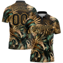 Load image into Gallery viewer, Custom Black Old Gold 3D Pattern Design Golden And Green Tropical Leaves In The Style Of Jungalow And Hawaii Performance Golf Polo Shirt
