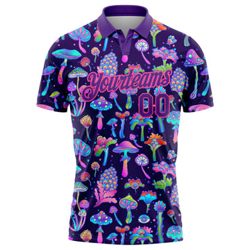 Custom Purple Pink 3D Pattern Design Magic Mushrooms Psychedelic Hallucination Performance Golf Polo Shirt