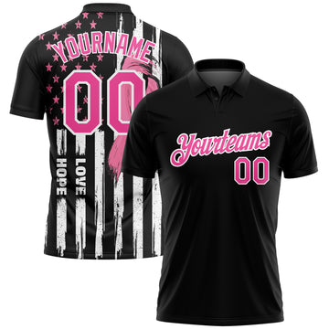 Custom Black Pink-White 3D American Flag With Pink Ribbon Breast Cancer Awareness Month Women Health Care Support Performance Golf Polo Shirt