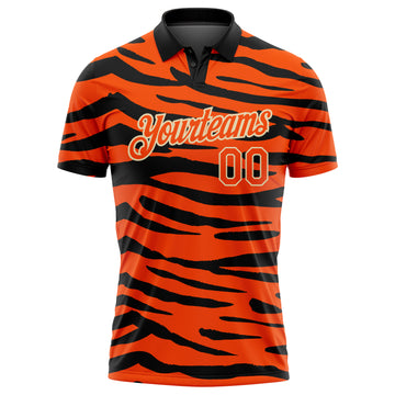 Custom Orange Cream-Black 3D Pattern Design Tiger Print Performance Golf Polo Shirt
