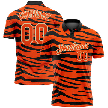 Custom Orange Cream-Black 3D Pattern Design Tiger Print Performance Golf Polo Shirt