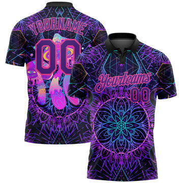 Custom Black Purple Pink 3D Pattern Design Magic Mushrooms Over Sacred Geometry Psychedelic Hallucination Performance Golf Polo Shirt