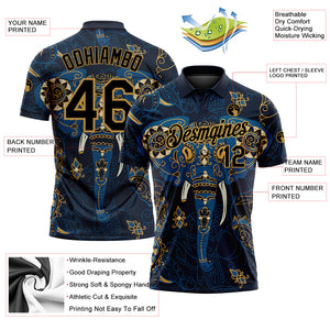 Custom Navy Old Gold 3D Pattern Design Elephant Performance Golf Polo Shirt