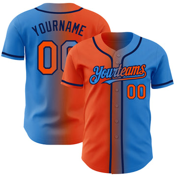 Custom Electric Blue Orange-Navy Authentic Gradient Fashion Baseball Jersey