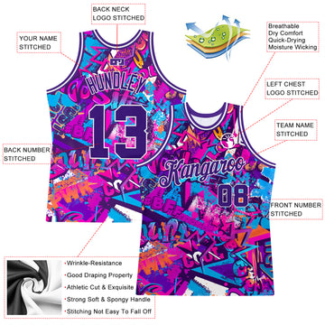 Custom Graffiti Pattern Purple-White 3D Words Authentic Basketball Jersey