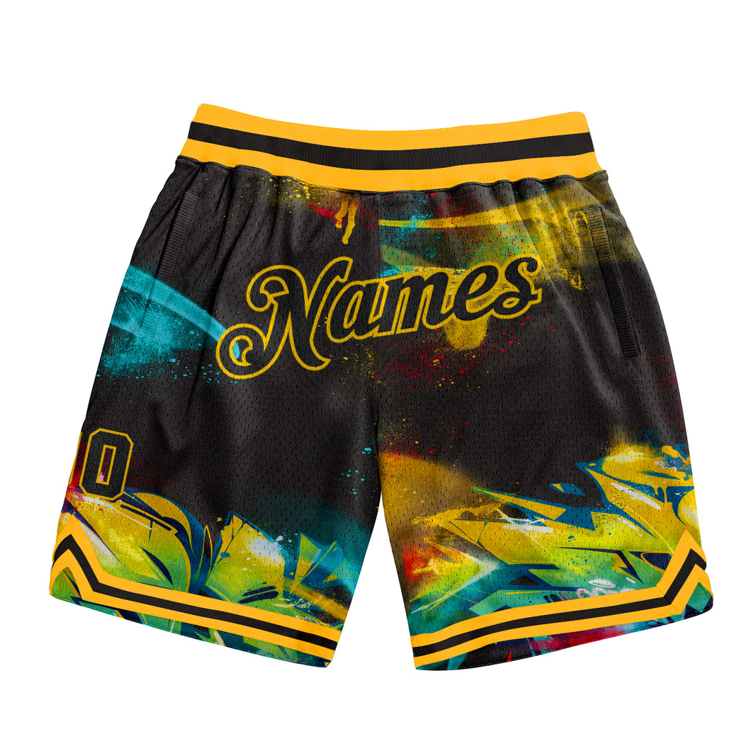 Custom Graffiti Pattern Black-Gold 3D Authentic Basketball Shorts