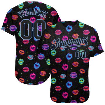 Custom Graffiti Pattern Black-Light Blue 3D Dots And Kiss Lips Authentic Baseball Jersey