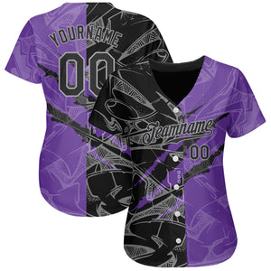 Custom Graffiti Pattern Black Purple-Gray 3D Scratch Authentic Baseball Jersey