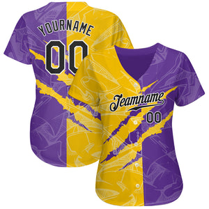 Custom Graffiti Pattern Black Yellow-Purple 3D Scratch Authentic Baseball Jersey