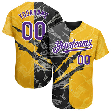 Custom Graffiti Pattern Purple Yellow-Black 3D Scratch Authentic Baseball Jersey