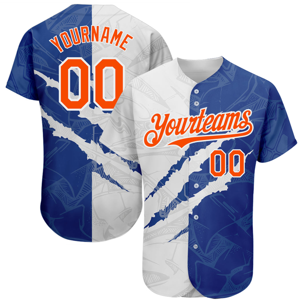 Custom Graffiti Pattern Orange-Royal 3D Scratch Authentic Baseball Jersey