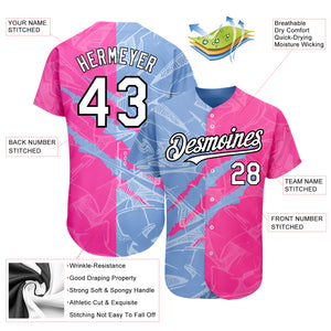 Custom Graffiti Pattern White Pink Light Blue-Black 3D Scratch Authentic Baseball Jersey