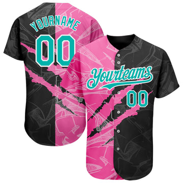 Custom Graffiti Pattern Aqua Black-Pink 3D Scratch Authentic Baseball Jersey