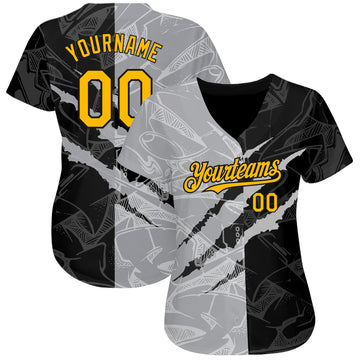 Custom Graffiti Pattern Gold Black-Gray 3D Scratch Authentic Baseball Jersey
