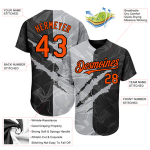 Custom Graffiti Pattern Orange Black-Gray 3D Scratch Authentic Baseball Jersey