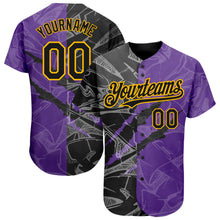 Laden Sie das Bild in den Galerie-Viewer, Custom Graffiti Pattern Black Purple-Gold 3D Scratch Authentic Baseball Jersey
