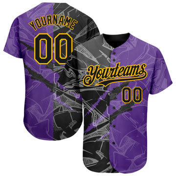 Custom Graffiti Pattern Black Purple-Gold 3D Scratch Authentic Baseball Jersey