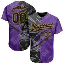 Laden Sie das Bild in den Galerie-Viewer, Custom Graffiti Pattern Black Purple-Old Gold 3D Scratch Authentic Baseball Jersey
