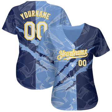 Custom Graffiti Pattern White Navy Light Blue-Yellow 3D Scratch Authentic Baseball Jersey