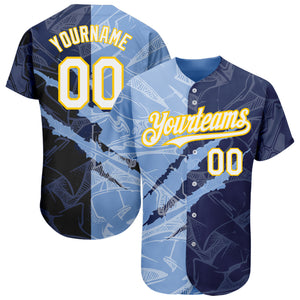 Custom Graffiti Pattern White Navy Light Blue-Yellow 3D Scratch Authentic Baseball Jersey